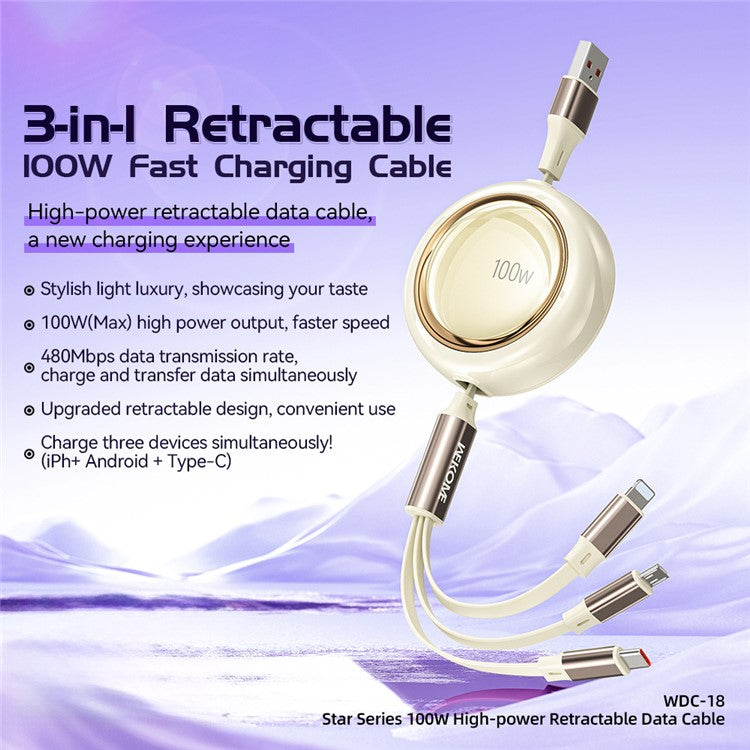 WEKOME WDC-18 Star Series 1.2m 3-in-1 Retractable 100W Fast Charging Cable Date Cord - Purple