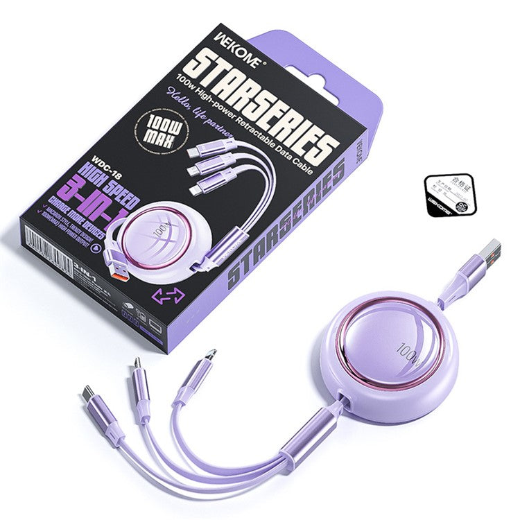 WEKOME WDC-18 Star Series 1.2m 3-in-1 Retractable 100W Fast Charging Cable Date Cord - Purple