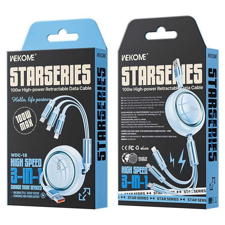 WEKOME WDC-18 Star Series 1.2m 3-in-1 Retractable 100W Fast Charging Cable Date Cord - Blue