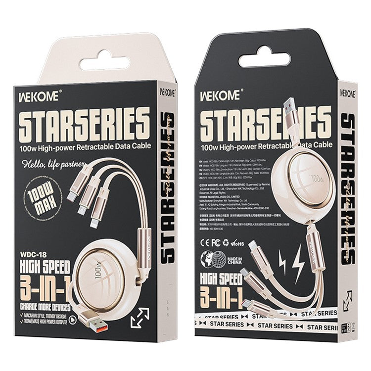 WEKOME WDC-18 Star Series 1.2m 3-in-1 Retractable 100W Fast Charging Cable Date Cord - Beige