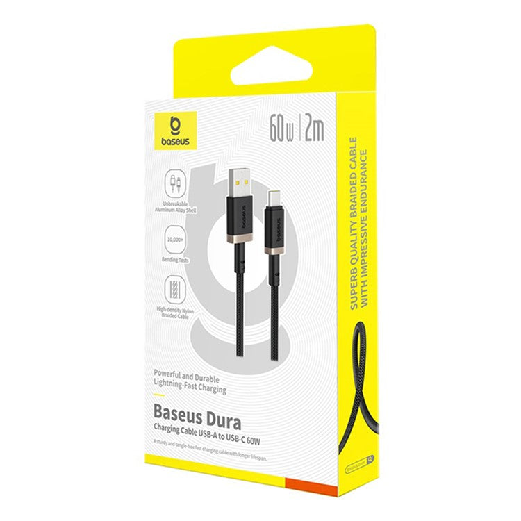 BASEUS Dura Series USB-A to USB-C PD 60W Fast Charging Cable Data Cord, Length: 2m - Gold+Black