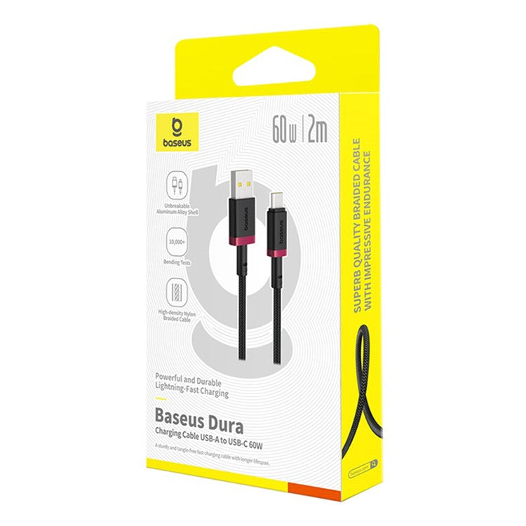 BASEUS Dura Series USB-A to USB-C PD 60W Fast Charging Cable Data Cord, Length: 2m - Red+Black