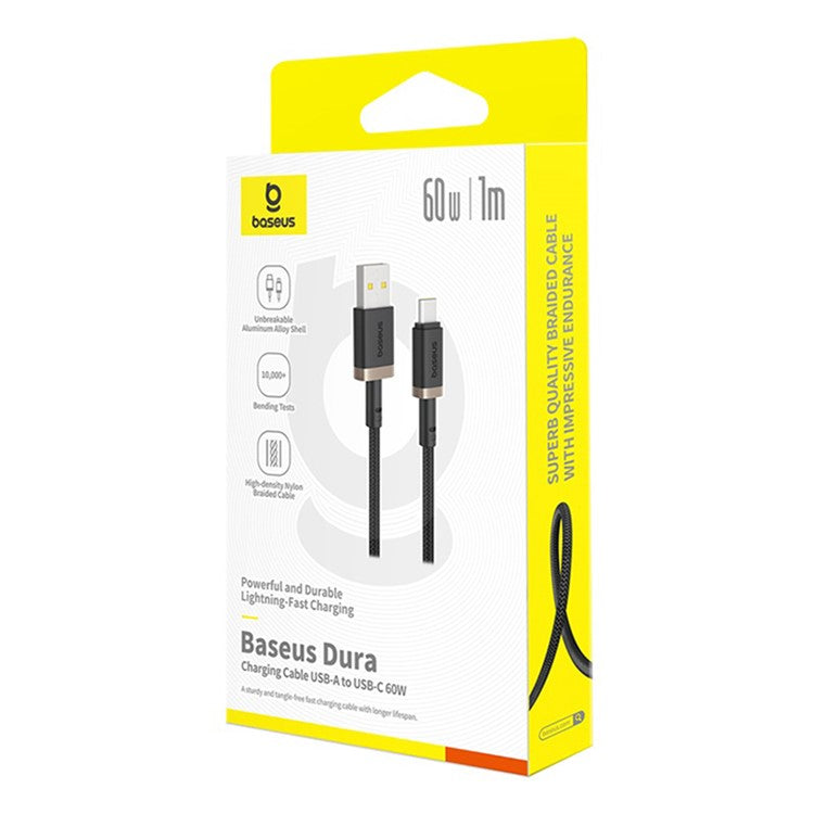 BASEUS Dura Series USB-A to USB-C PD 60W Fast Charging Cable Data Cord, Length: 1m - Gold+Black