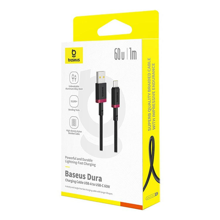 BASEUS Dura Series USB-A to USB-C PD 60W Fast Charging Cable Data Cord, Length: 1m - Red+Black