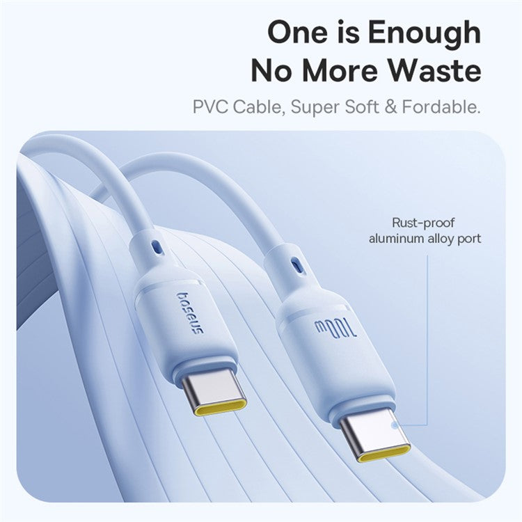 BASEUS Silky PD 100W Fast Charging Cable Soft PVC USB-C to USB-C Data Cord, Length: 1m - Blue