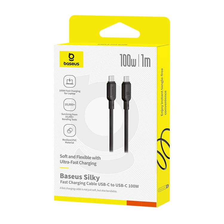 BASEUS Silky PD 100W Fast Charging Cable Soft PVC USB-C to USB-C Data Cord, Length: 1m - Black