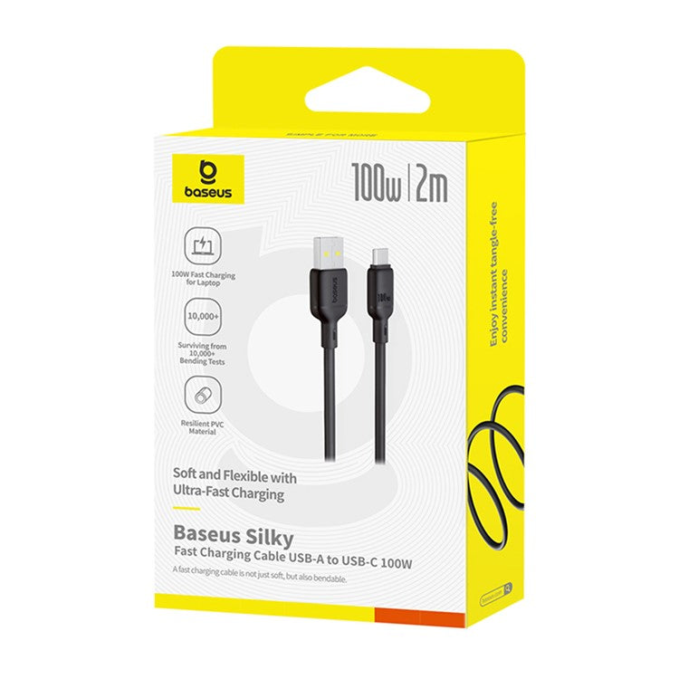 BASEUS Silky USB-A to USB-C Data Cord PD 100W Soft PVC Fast Charging Cable, Length: 2m - Black