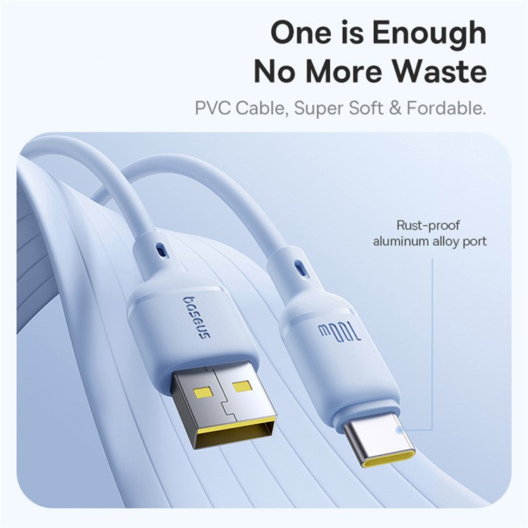 BASEUS Silky USB-A to USB-C Data Cord PD 100W Soft PVC Fast Charging Cable, Length: 1m - Blue