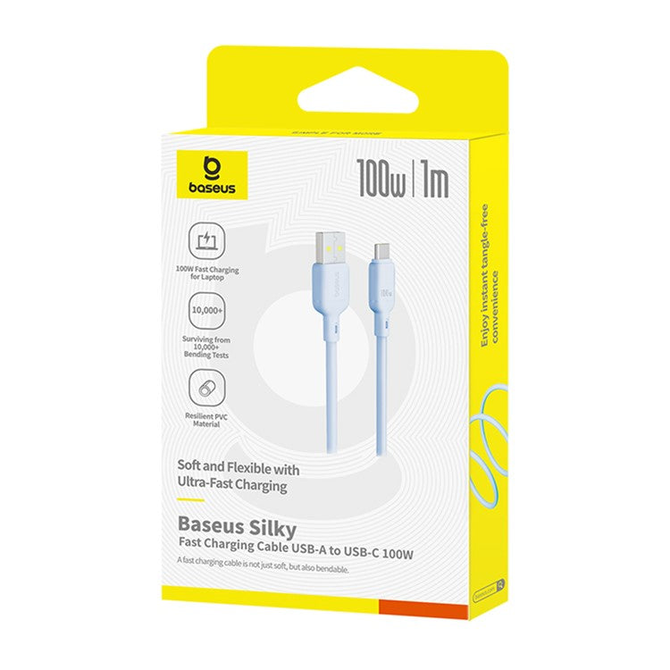 BASEUS Silky USB-A to USB-C Data Cord PD 100W Soft PVC Fast Charging Cable, Length: 1m - Blue