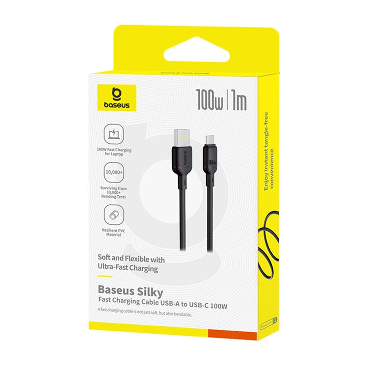 BASEUS Silky USB-A to USB-C Data Cord PD 100W Soft PVC Fast Charging Cable, Length: 1m - Black