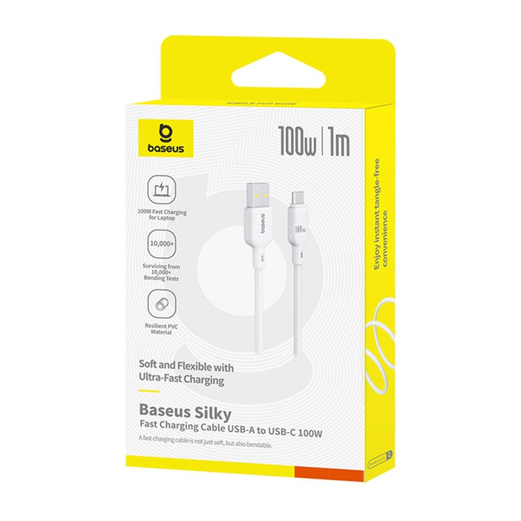 BASEUS Silky USB-A to USB-C Data Cord PD 100W Soft PVC Fast Charging Cable, Length: 1m - White