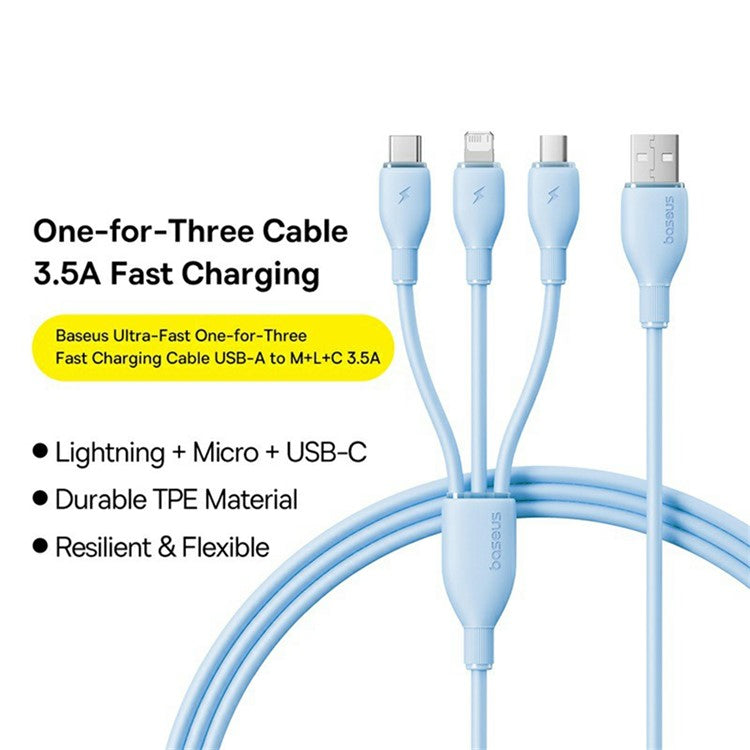 BASEUS Ultra-Fast One-for-Three Fast Charging Cable USB to Micro USB + Lightning + USB-C 3.5A 1.3m - Blue