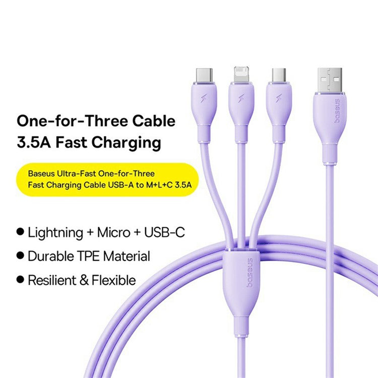 BASEUS Ultra-Fast One-for-Three Fast Charging Cable USB to Micro USB + Lightning + USB-C 3.5A 1.3m - Purple