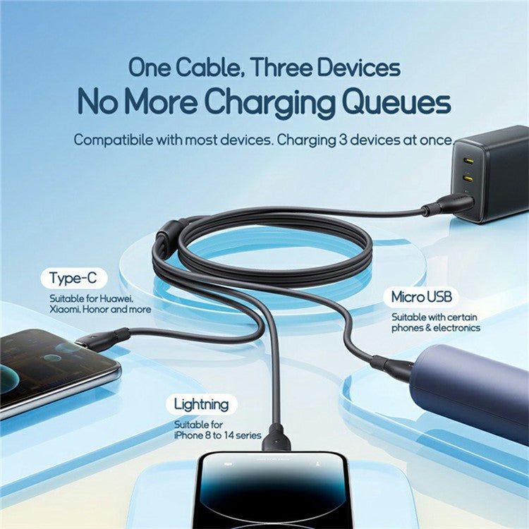 BASEUS Ultra-Fast One-For-Three Fast Charging Cable USB to Micro USB + Lightning + USB-C 3.5A 0.8m - Black