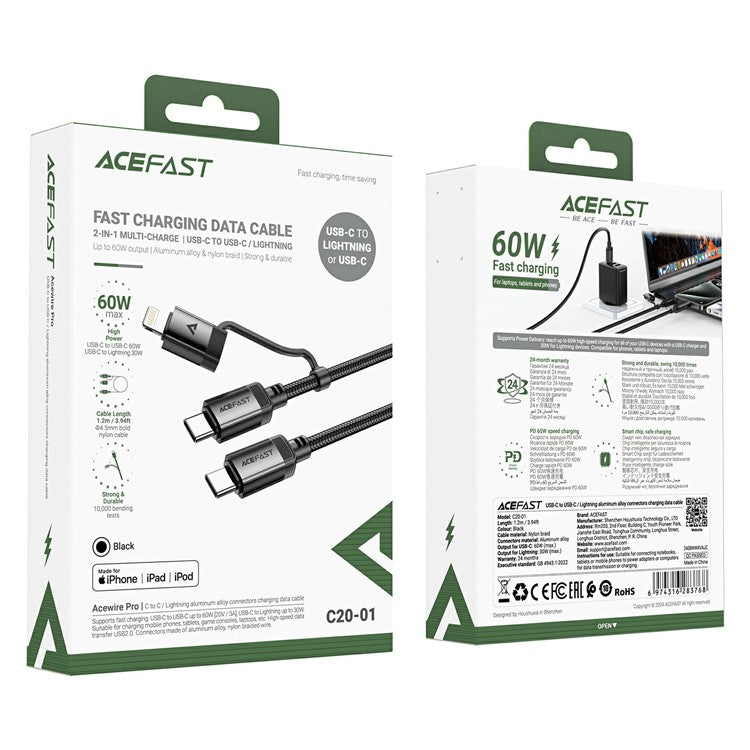 ACEFAST C20-01 1.2m USB-C to USB-C + iP Data Cable Braided 60W Fast Charging Cord