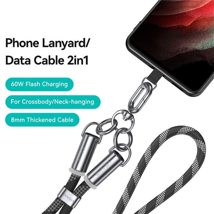 USAMS SJ745 1.2m Crossbody Phone Lanyard Type-C To Type-C 60W Charging Cable - Black