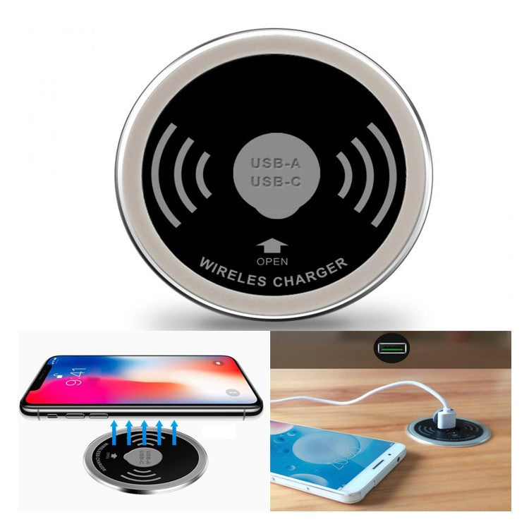 Embedded Desktop Wireless Charger 15W with USB-A and USB-C Charging Port