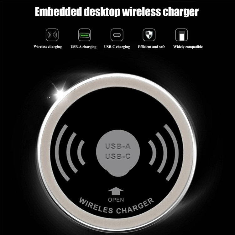 Embedded Desktop Wireless Charger 15W with USB-A and USB-C Charging Port