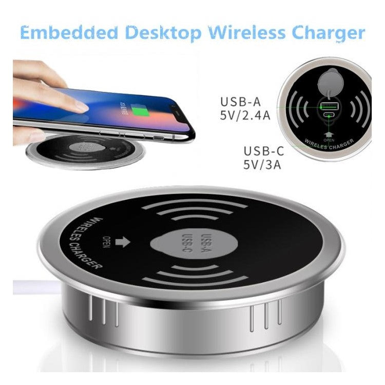 Embedded Desktop Wireless Charger 15W with USB-A and USB-C Charging Port