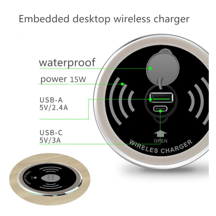 Embedded Desktop Wireless Charger 15W with USB-A and USB-C Charging Port