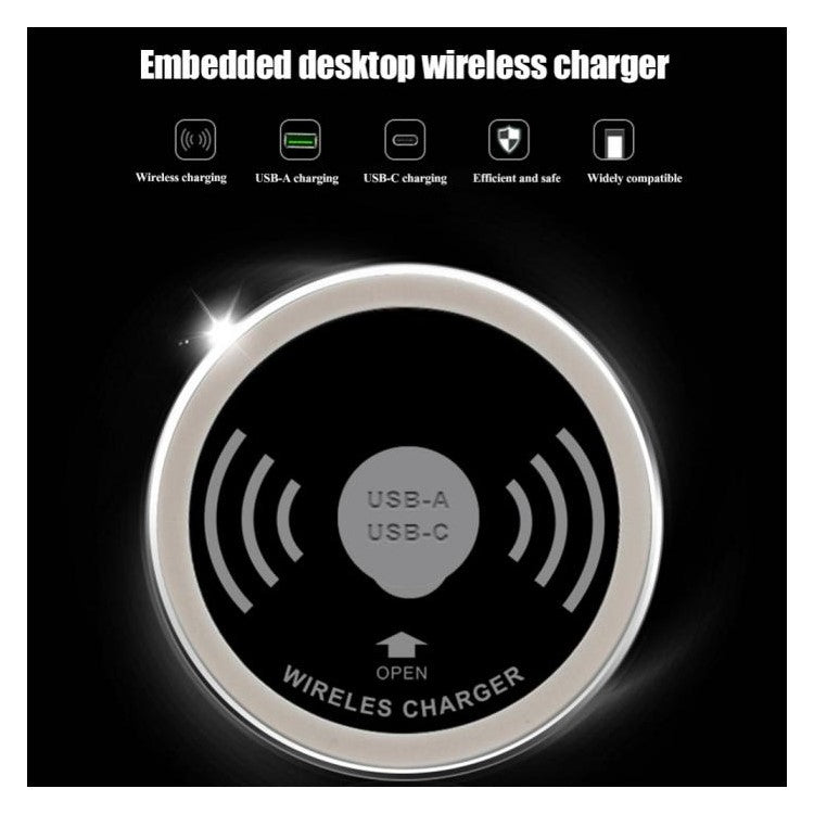 Embedded Desktop Wireless Charger 15W with USB-A and USB-C Charging Port