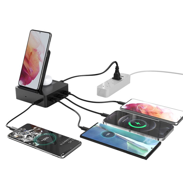 XDL-WA10 6 in 1 Wireless Charger Dock Station [with 3 USB Ports + 1 USB-C Port] for iPhone Samsung Huawei - EU Plug