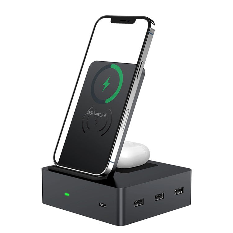 XDL-WA10 6 in 1 Wireless Charger Dock Station [with 3 USB Ports + 1 USB-C Port] for iPhone Samsung Huawei - EU Plug