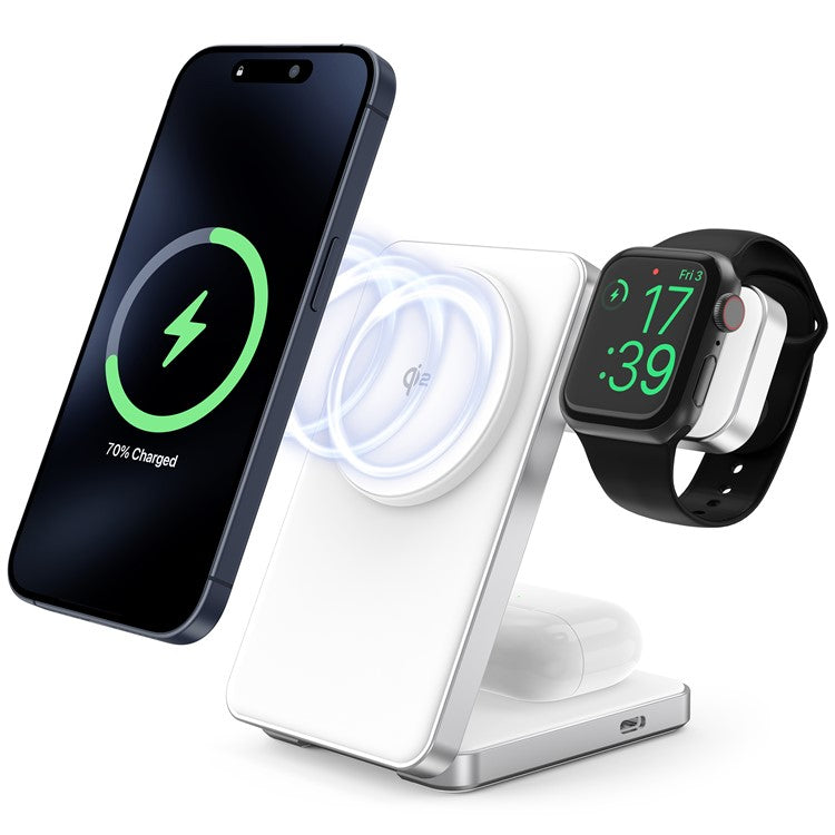 YF-M8 Qi2 Certified Aluminum Alloy Frame 3-in-1 Folding 15W Magnetic Wireless Charger - White