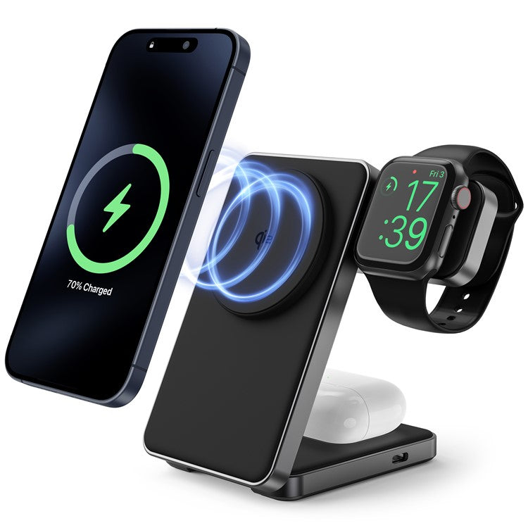 YF-M8 Qi2 Certified Aluminum Alloy Frame 3-in-1 Folding 15W Magnetic Wireless Charger - Black