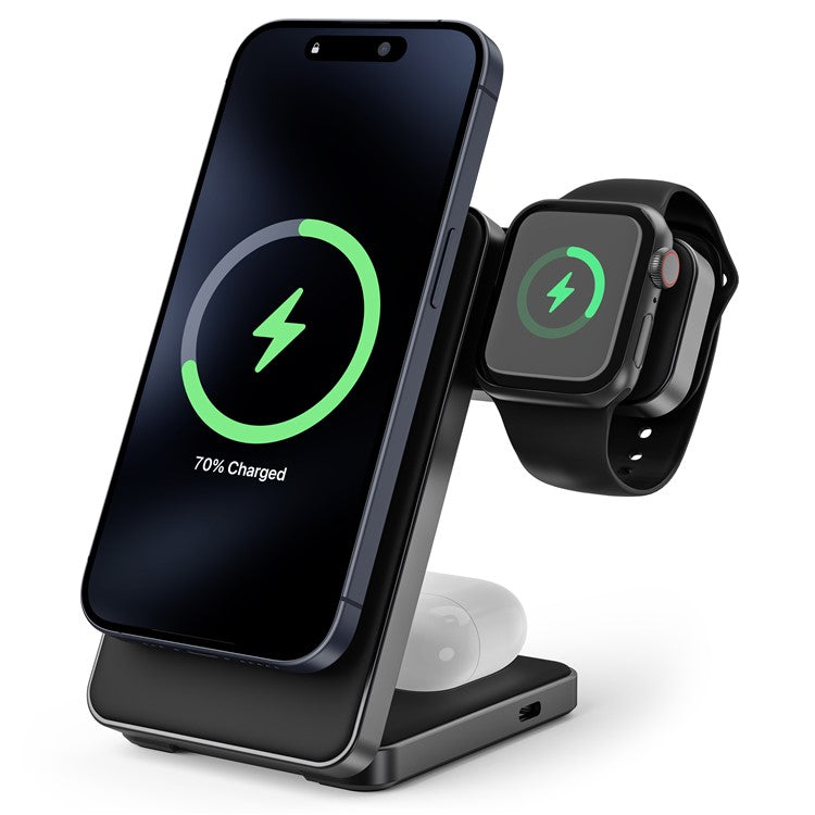 YF-M8 Qi2 Certified Aluminum Alloy Frame 3-in-1 Folding 15W Magnetic Wireless Charger - Black