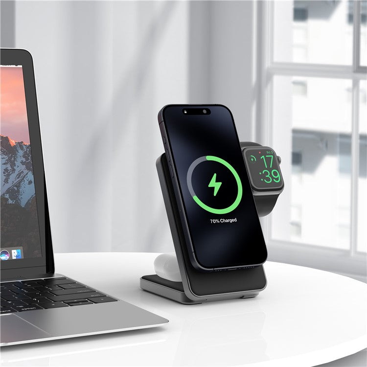 YF-M8 Qi2 Certified Aluminum Alloy Frame 3-in-1 Folding 15W Magnetic Wireless Charger - Black