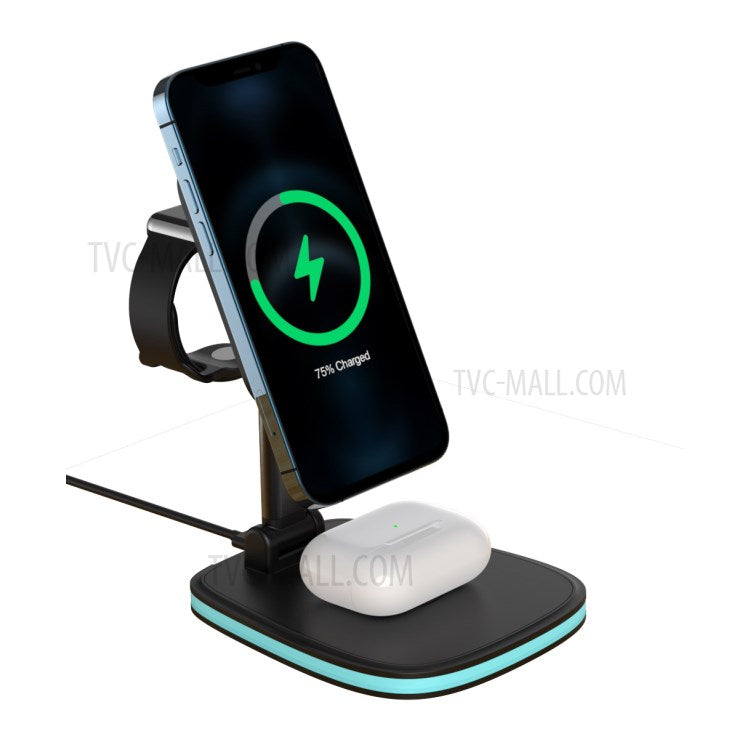 LFX-171 3 in 1 Foldable Wireless Charger Stand Fast Charging Dock Station for iPhone 12 Series/AirPods/Apple Watch - Black