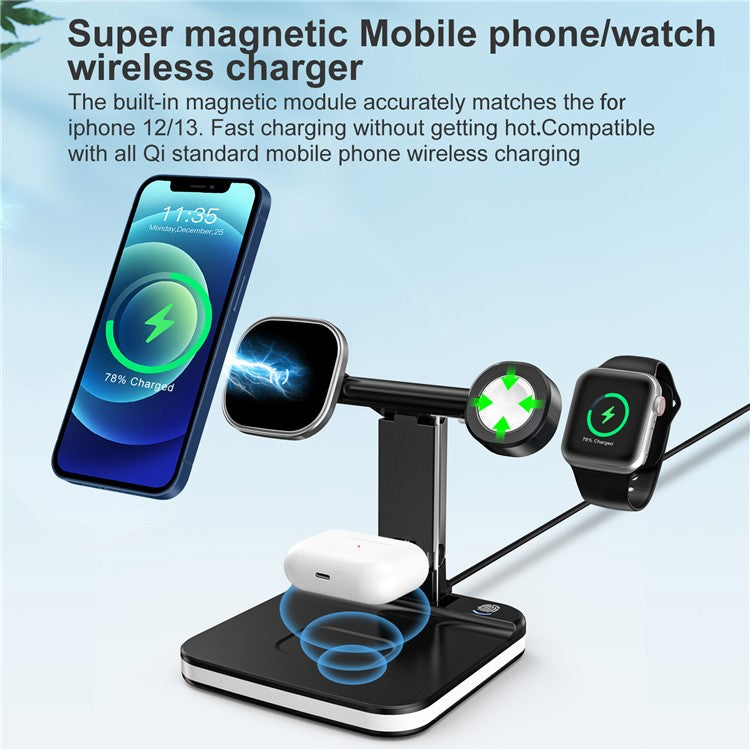 JLM-J5 Multifunctional Adjustable Wireless Charger Desktop Phone Earphone Watch Charger Night Light - Black