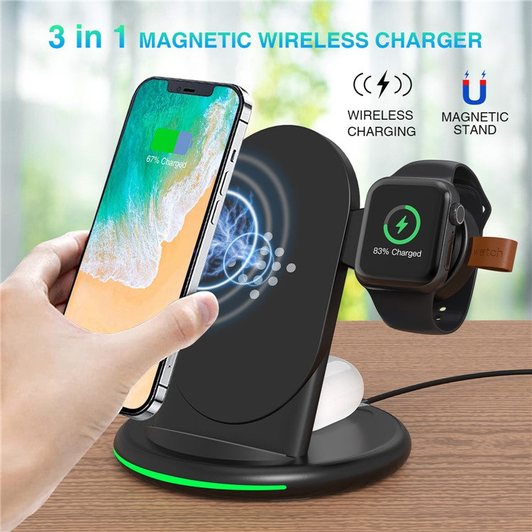 W-02 3 in 1 15W Wireless Charger for iPhone 13/12 Series/AirPods Pro Portable Charging Dock for Apple Watch - Black