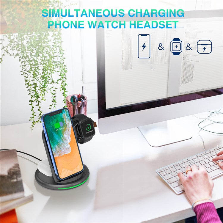 W-02 3 in 1 15W Wireless Charger for iPhone 13/12 Series/AirPods Pro Portable Charging Dock for Apple Watch - Black