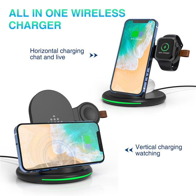 W-02 3 in 1 15W Wireless Charger for iPhone 13/12 Series/AirPods Pro Portable Charging Dock for Apple Watch - Black