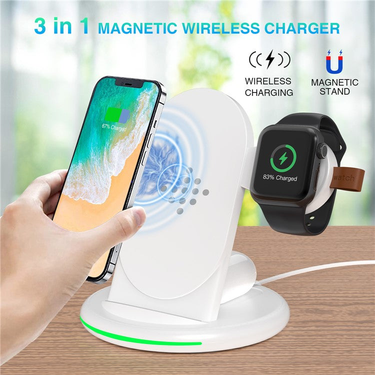 W-02 3 in 1 15W Wireless Charger for iPhone 13/12 Series/AirPods Pro Portable Charging Dock for Apple Watch - White