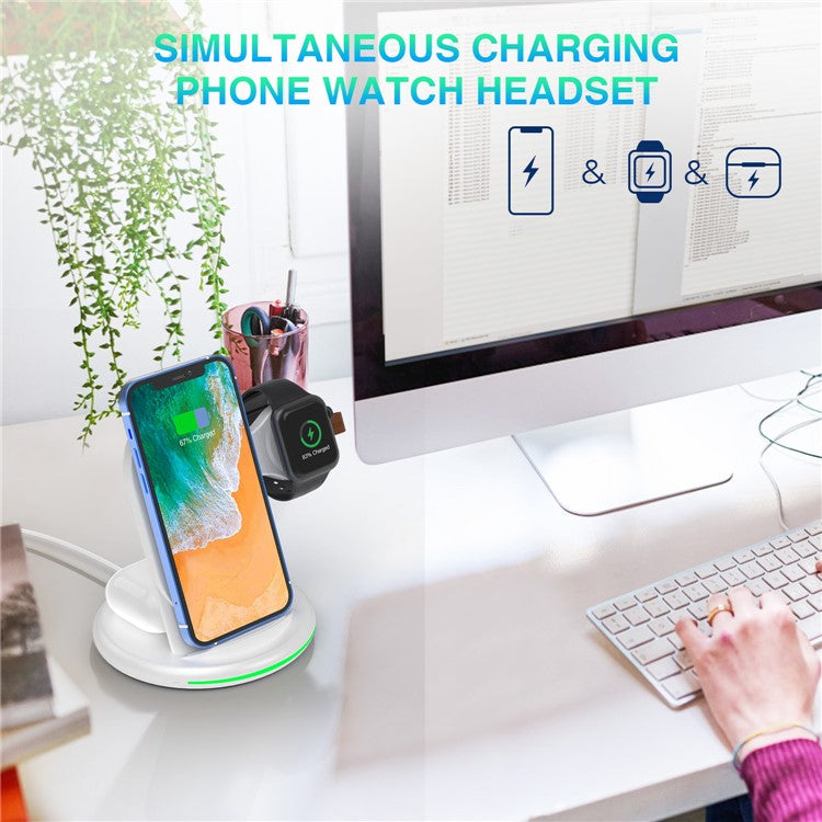 W-02 3 in 1 15W Wireless Charger for iPhone 13/12 Series/AirPods Pro Portable Charging Dock for Apple Watch - White