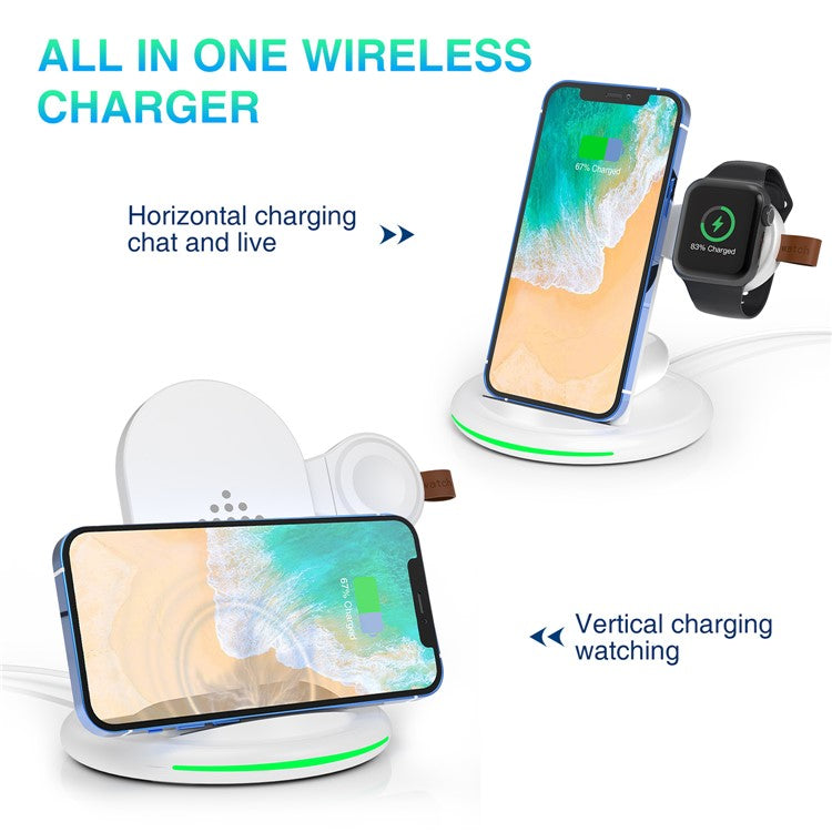 W-02 3 in 1 15W Wireless Charger for iPhone 13/12 Series/AirPods Pro Portable Charging Dock for Apple Watch - White