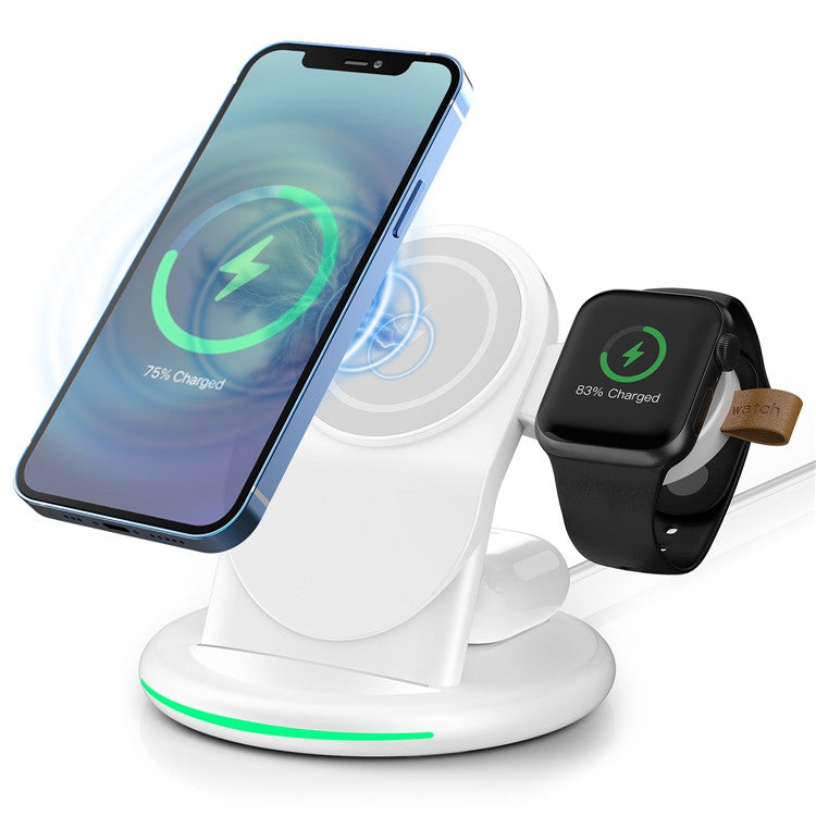 W-03 For Magsafe 3 in 1 Wireless Charger 15W Fast Charging Station Portable Charger Stand for iPhone 13/12 Series/AirPods Pro/iWatch - White