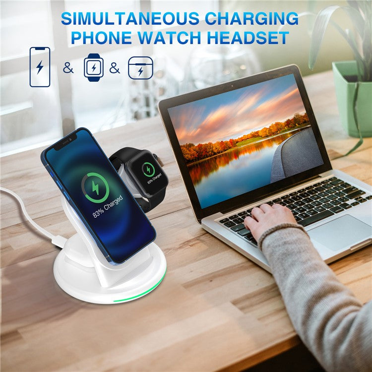 W-03 For Magsafe 3 in 1 Wireless Charger 15W Fast Charging Station Portable Charger Stand for iPhone 13/12 Series/AirPods Pro/iWatch - White