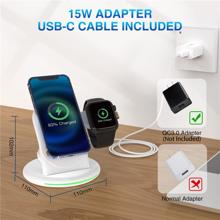 W-03 For Magsafe 3 in 1 Wireless Charger 15W Fast Charging Station Portable Charger Stand for iPhone 13/12 Series/AirPods Pro/iWatch - White