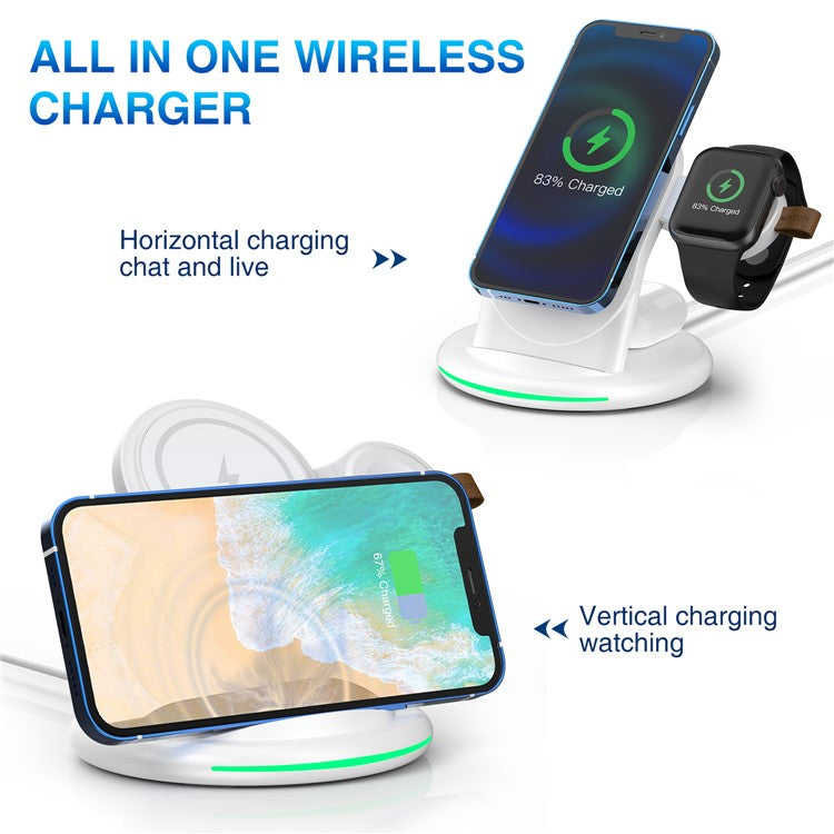 W-03 For Magsafe 3 in 1 Wireless Charger 15W Fast Charging Station Portable Charger Stand for iPhone 13/12 Series/AirPods Pro/iWatch - White