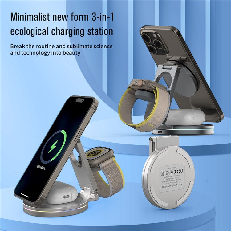 For iPhone / Apple Watch / AirPods 3-in-1 Charging Stand Bottom Rotatable Magnetic Wireless Charger - Silver