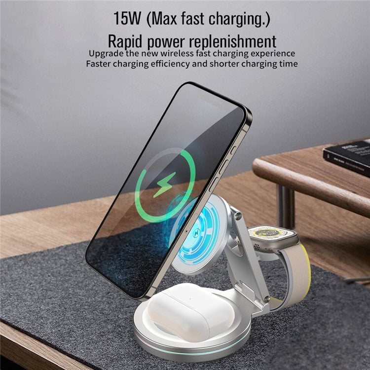 For iPhone / Apple Watch / AirPods 3-in-1 Charging Stand Bottom Rotatable Magnetic Wireless Charger - Silver