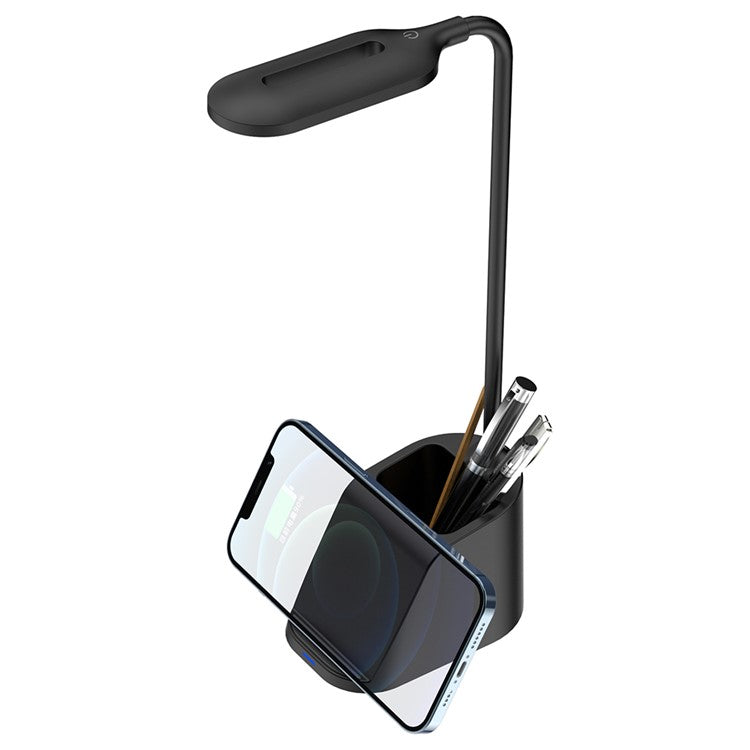 HT-507 3-in-1 Eye Protection LED Desk Lamp 15W Phone Wireless Charger Pen Holder - Black