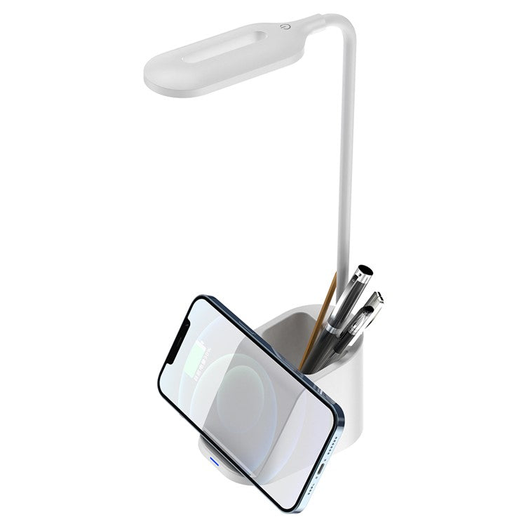 HT-507 3-in-1 Eye Protection LED Desk Lamp 15W Phone Wireless Charger Pen Holder - White