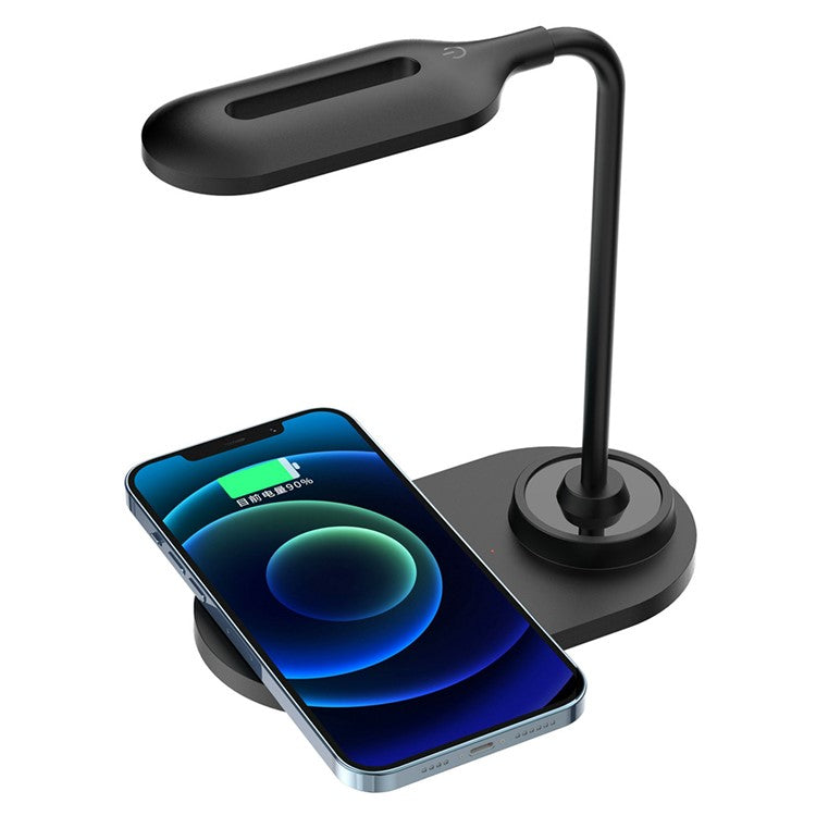 HT-510 2-in-1 Eye Protection LED Desk Lamp 15W Phone Wireless Charger - Black