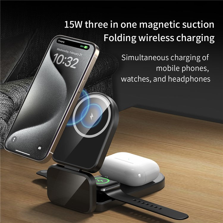 H09 Watch / Earphone / Cellphone 3-in-1 Desktop Charging Stand Foldable Magnetic Wireless Charger - Black