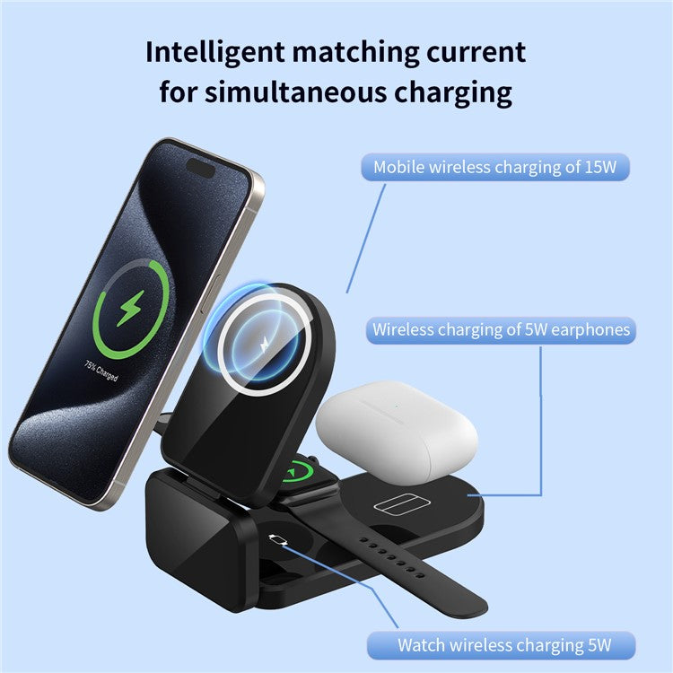 H09 Watch / Earphone / Cellphone 3-in-1 Desktop Charging Stand Foldable Magnetic Wireless Charger - Black